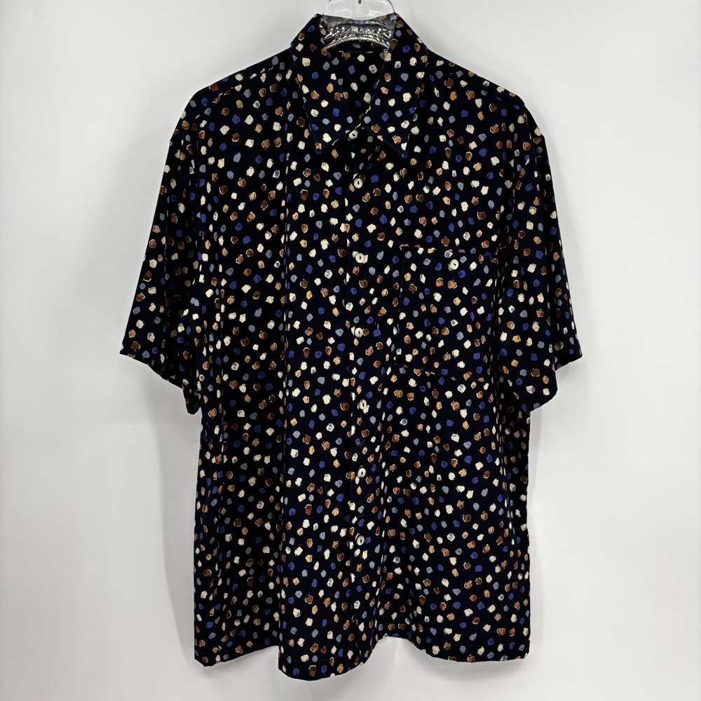 Alan Stuart Button Down Shirt Men L Navy Blue Abstract Dot Print Short Sleeve